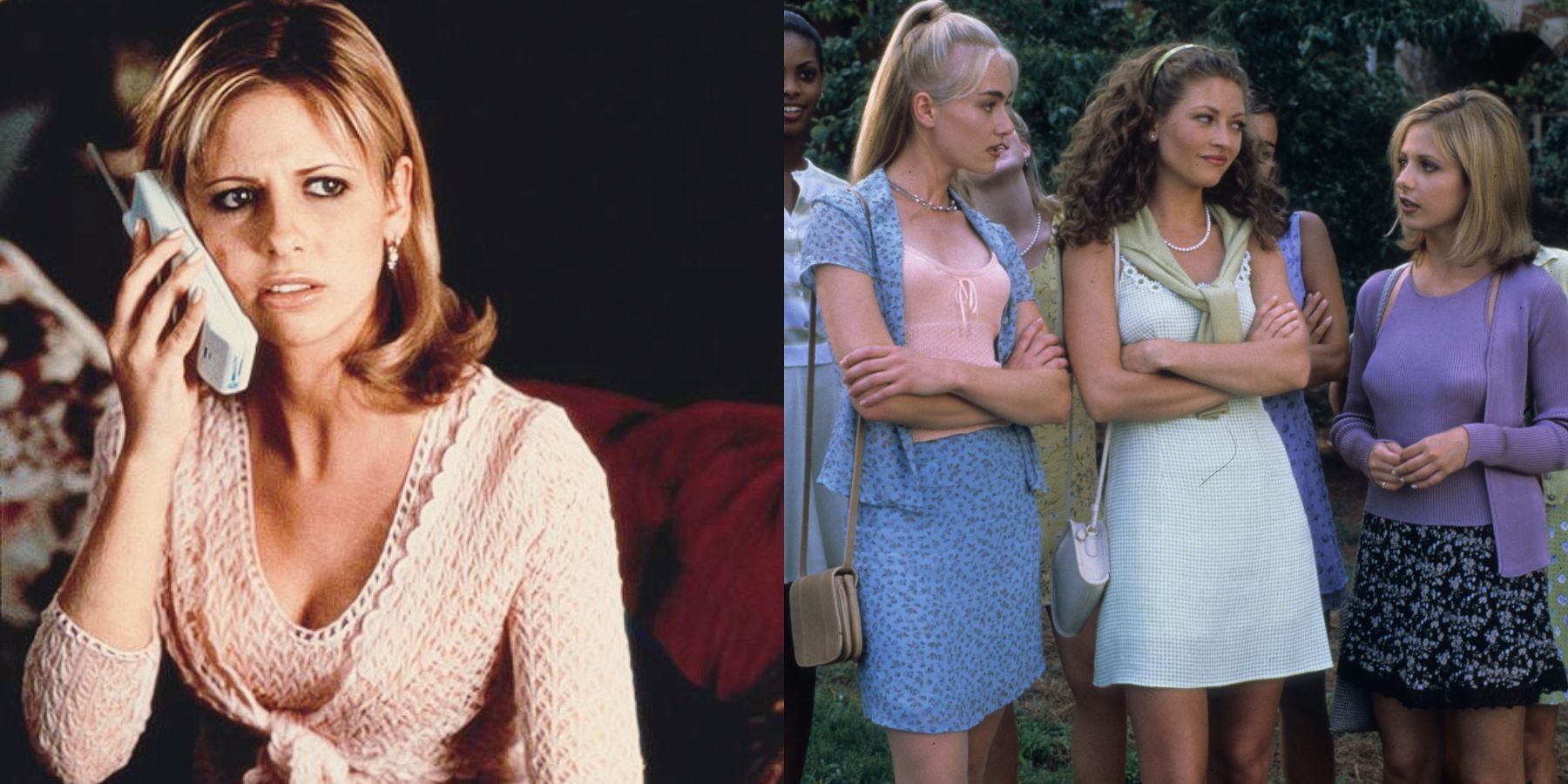 Split image of Sarah Michelle Geller, Portia de Rossi, and Rebecca Gayheart in Scream 2