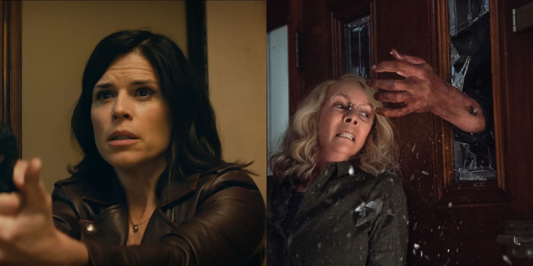 Split image of Sidney Prescott (Neve Campbell) and Laurie Strode (Jamie Lee Curtis) in Scream (2022) and Halloween