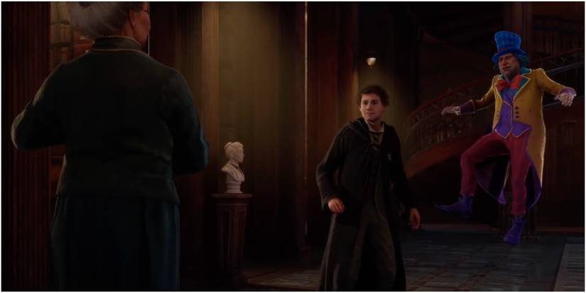 Screenshot of Hogwarts Legacy  Peeves in the Restriction Section of the Library