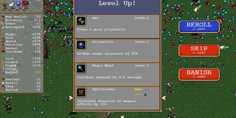 Selecting the Spellbinder accessory in Vampire Survivors