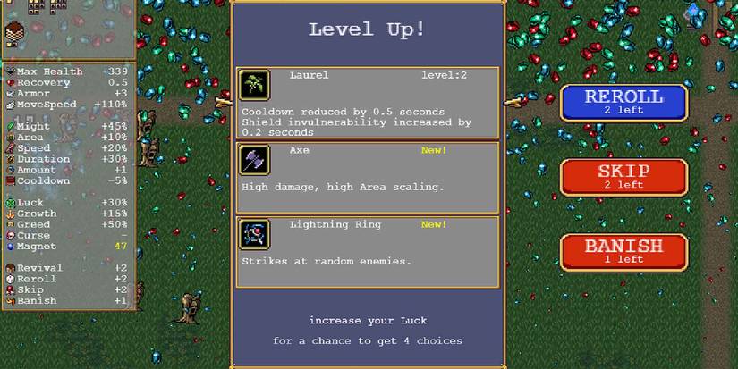 Selecting the Laurel weapon in Vampire Survivors