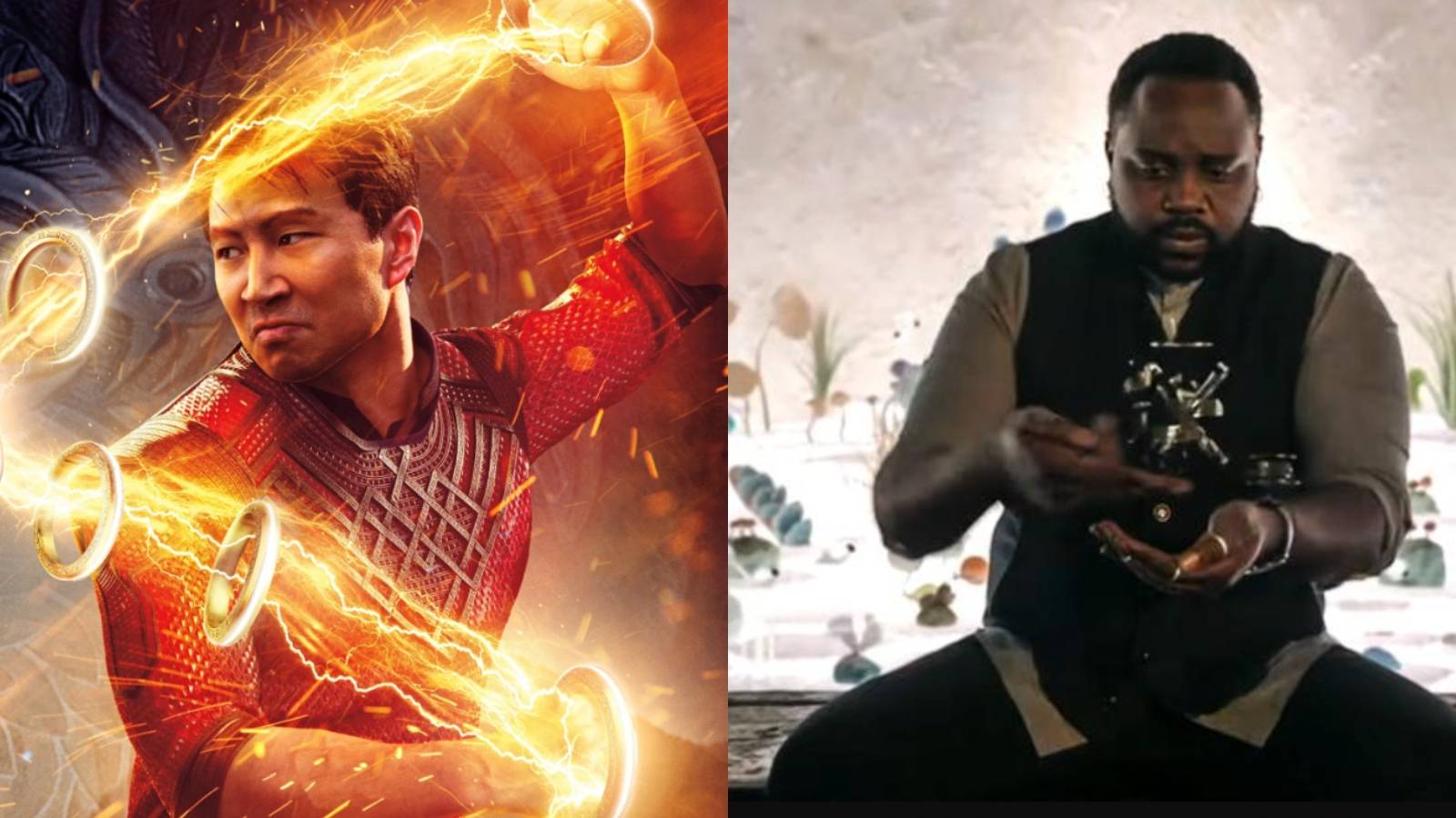 A split image depicts Shang-Chi and Phastos the Eternal in the MCU