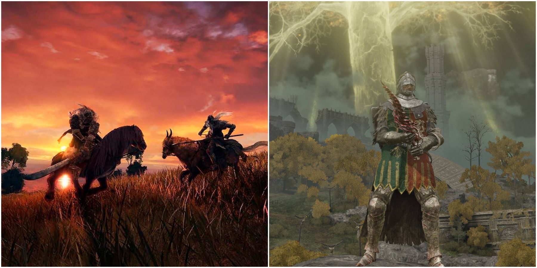 Split image of horseback fight and player character holding sword.