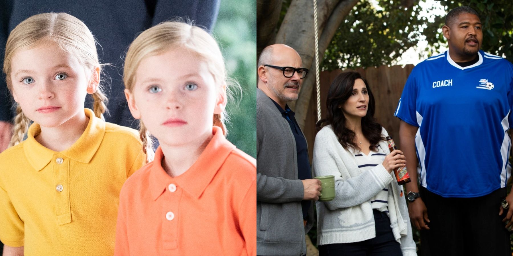 Split image of Amy and Ella in Single Parents and Forrest, Delia, and Ben in The Unicorn