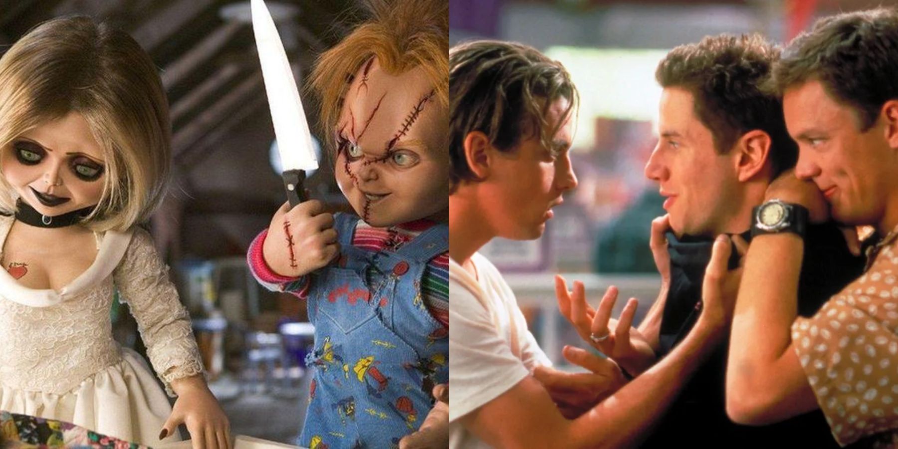 Split image of Tiffany and Chucky in Seeds Of Chucky and Billy, Randy, and Stu in Scream