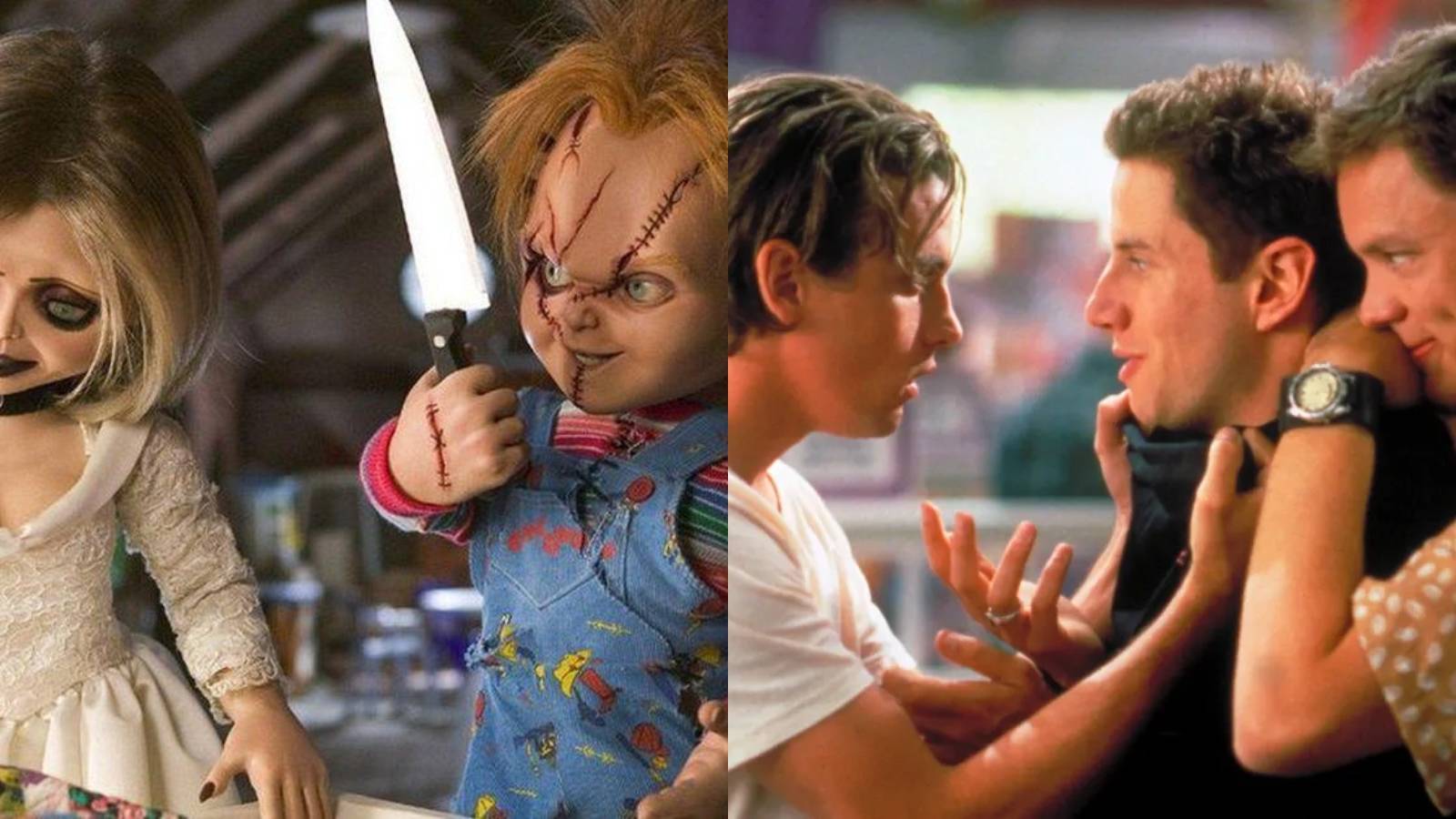 Split image of Tiffany and Chucky in Seeds Of Chucky and Billy, Randy, and Stu in Scream
