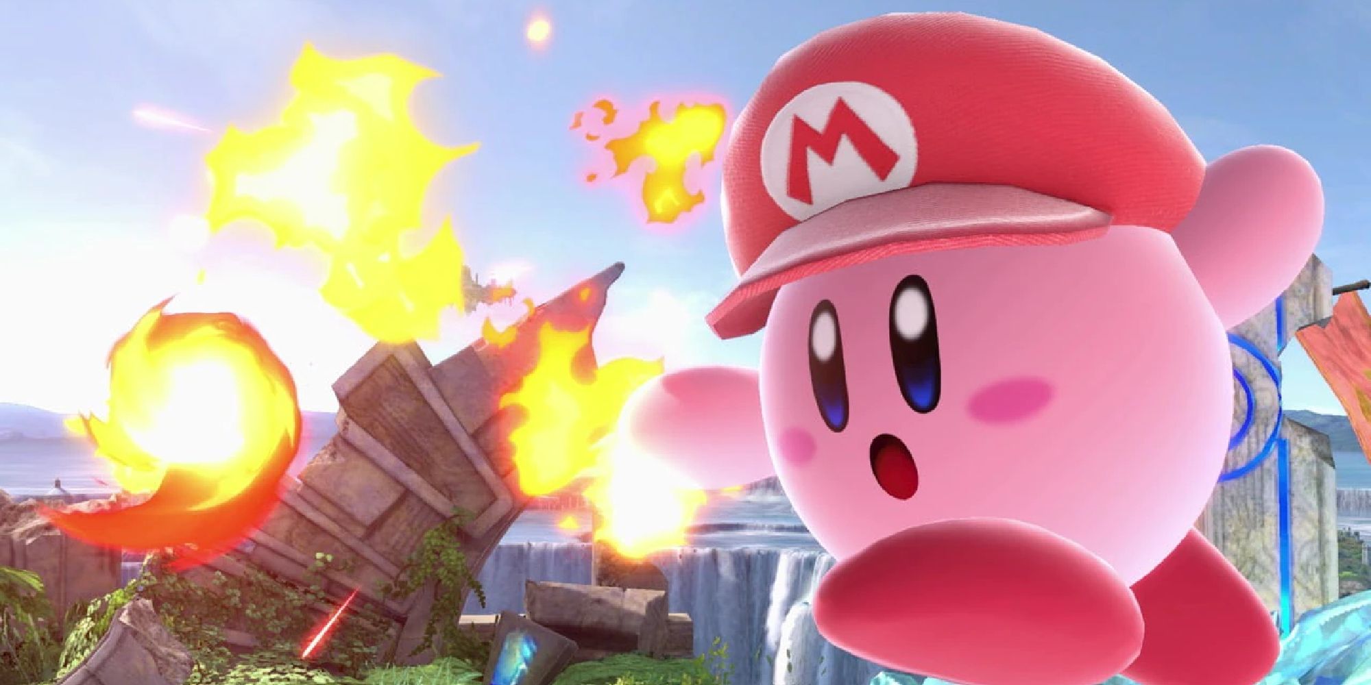 Kirby wearing Mario's hat and throwing fireballs