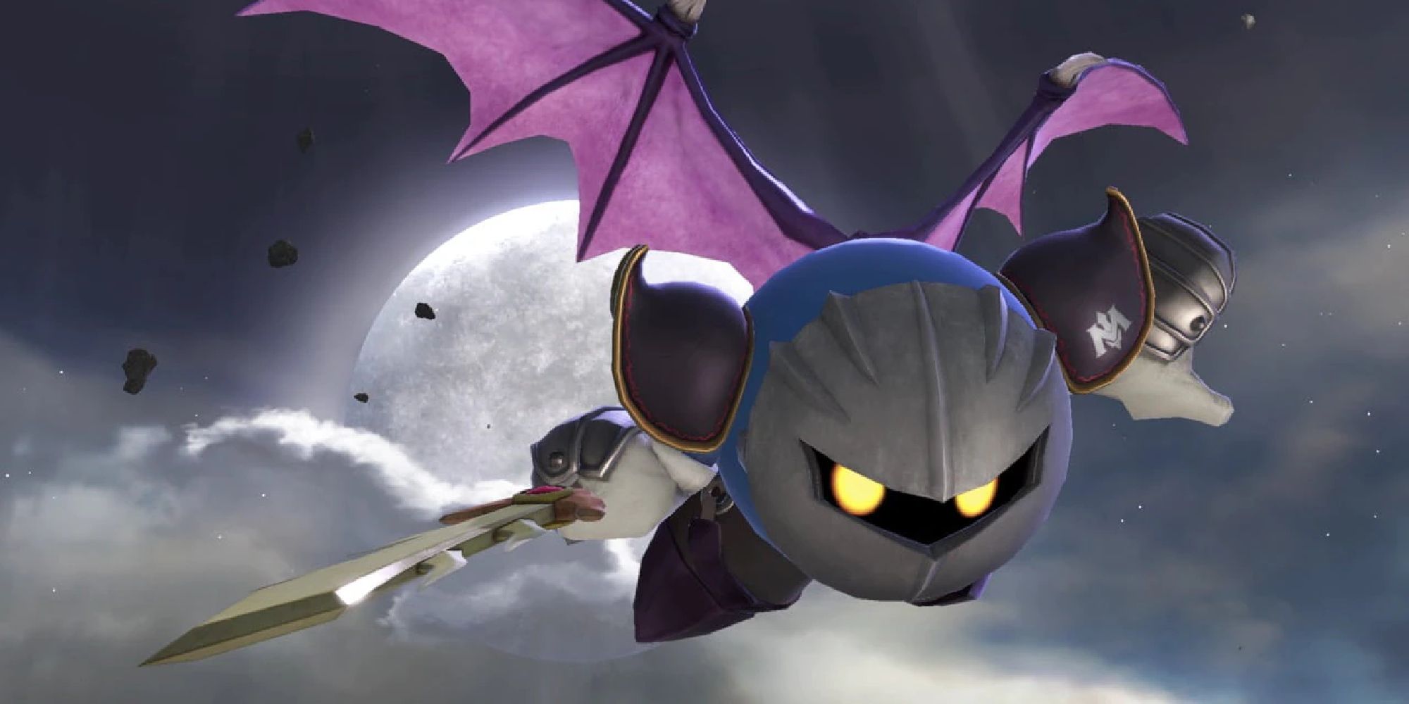 Meta Knight flying in front of the moon