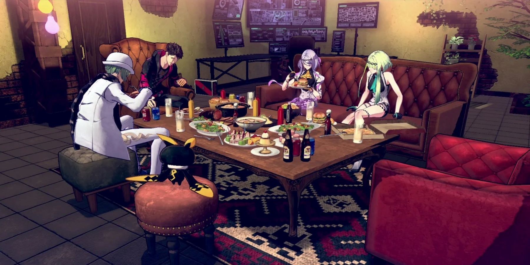 Ринго, Фигу, Стрела и Псизо едят вместе в Devil Summoner: Soul Hackers 2