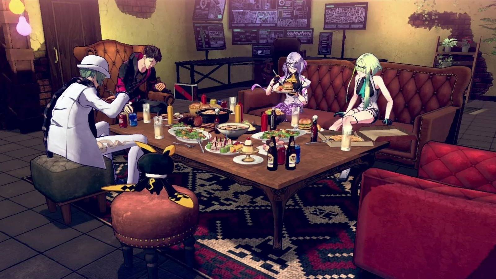 Ringo, Figue, Arrow, and Psyzo eating together in Devil Summoner: Soul Hackers 2