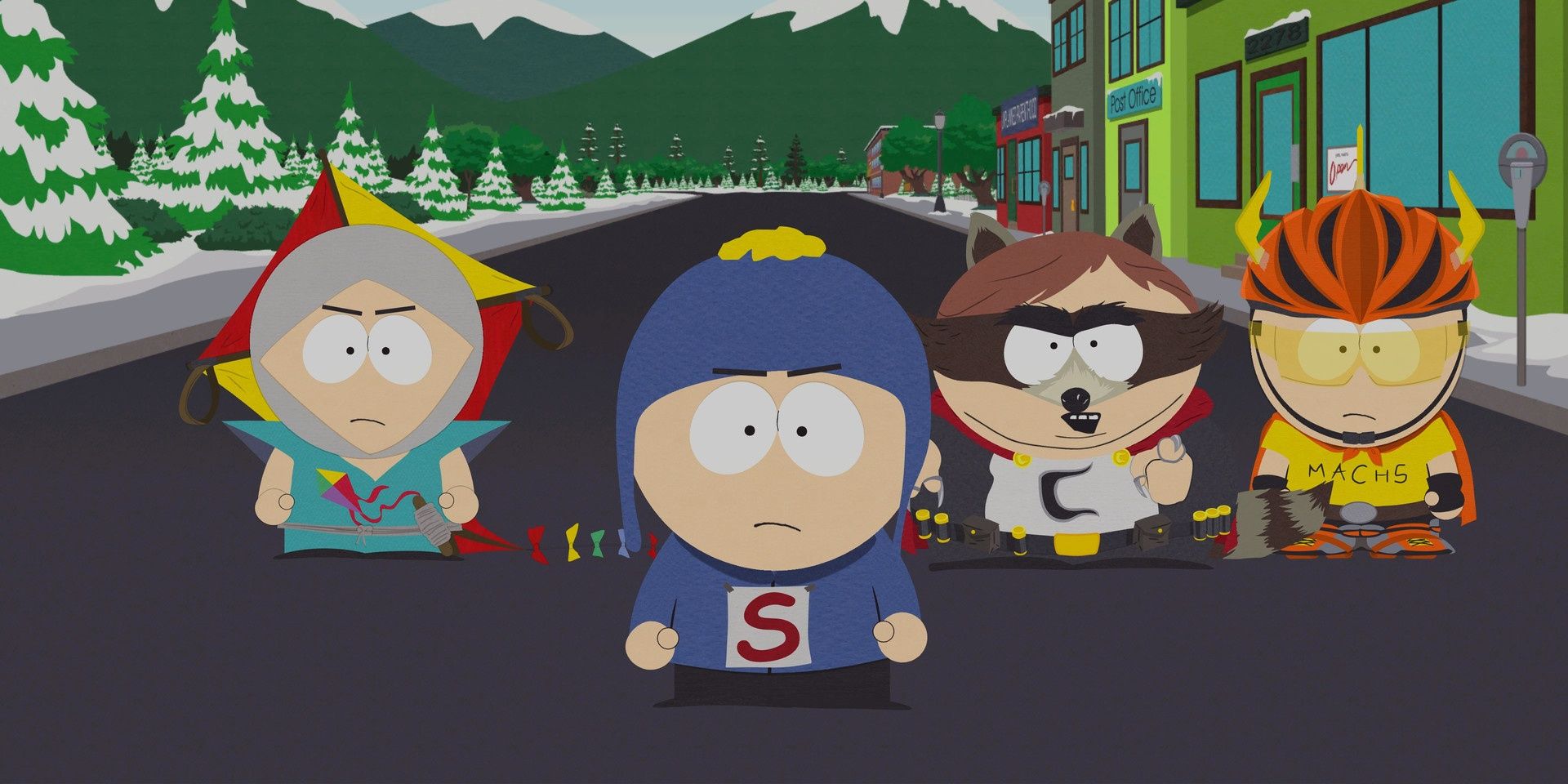 The Player character, Cartman, and friends with costumes in South Park The Fractured But Whole