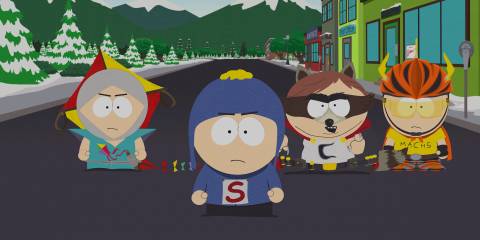 The Player character, Cartman, and friends with costumes in South Park The Fractured But Whole