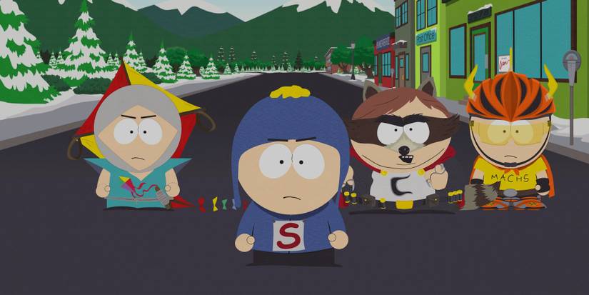 The Player character, Cartman, and friends with costumes in South Park The Fractured But Whole