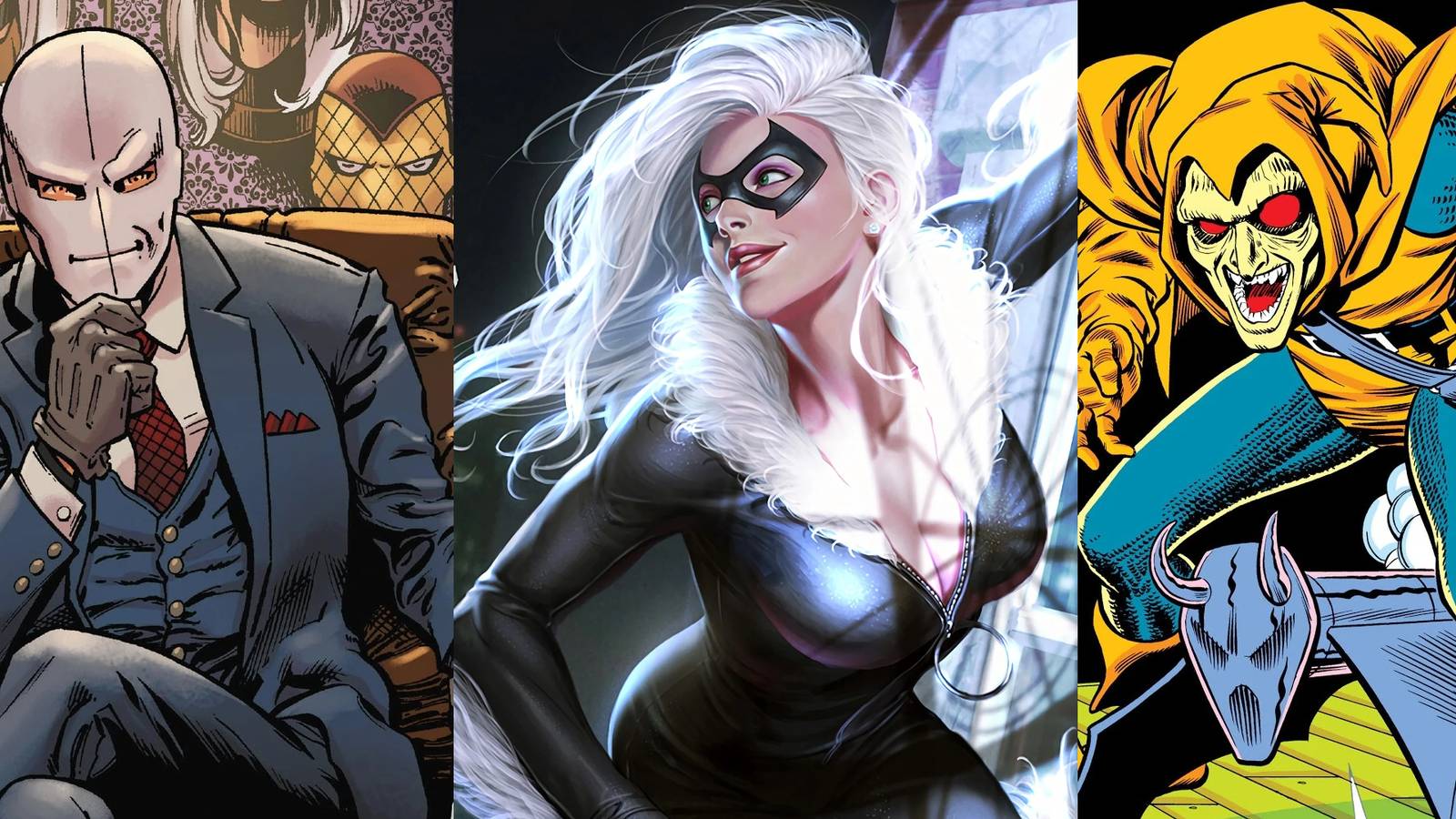 Chameleon sitting in front of masks; Black Cat breaking in a window; Hobgoblin on his glider