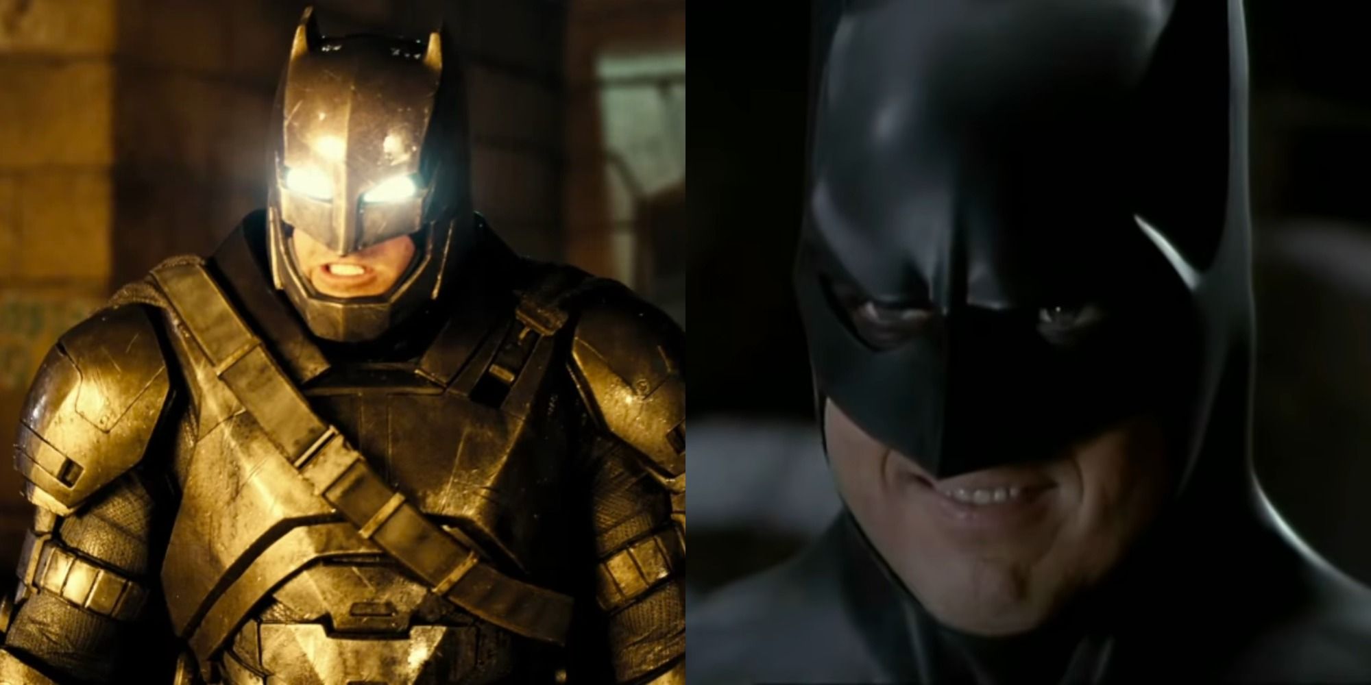 Split image of Ben Affleck's Batman in the armored batsuit and Michael Keaton's Batman smiling creepily