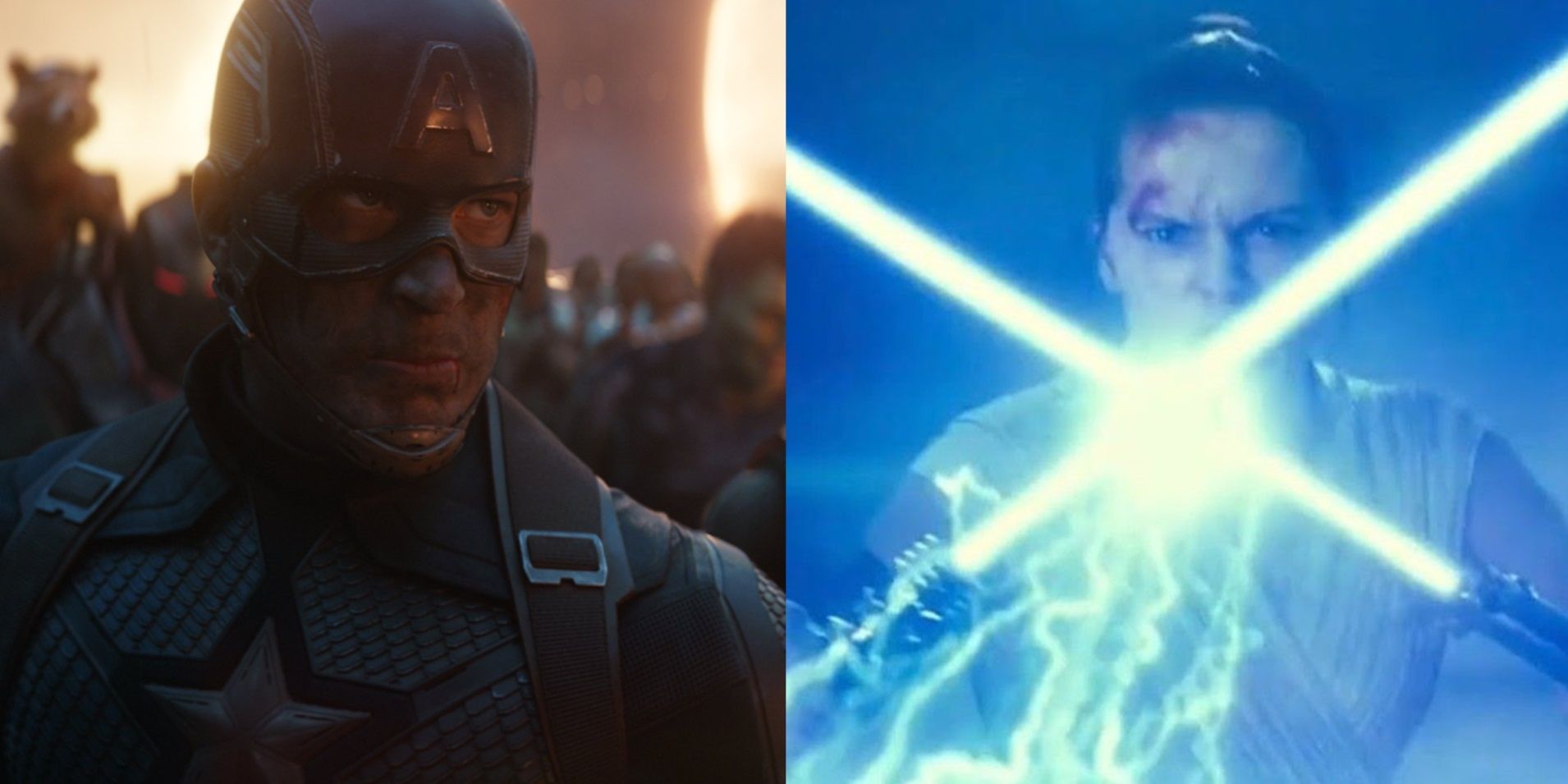 Split image of Captain America assembling the Avengers in Endgame and Rey with two lightsabers in The Rise of Skywalker