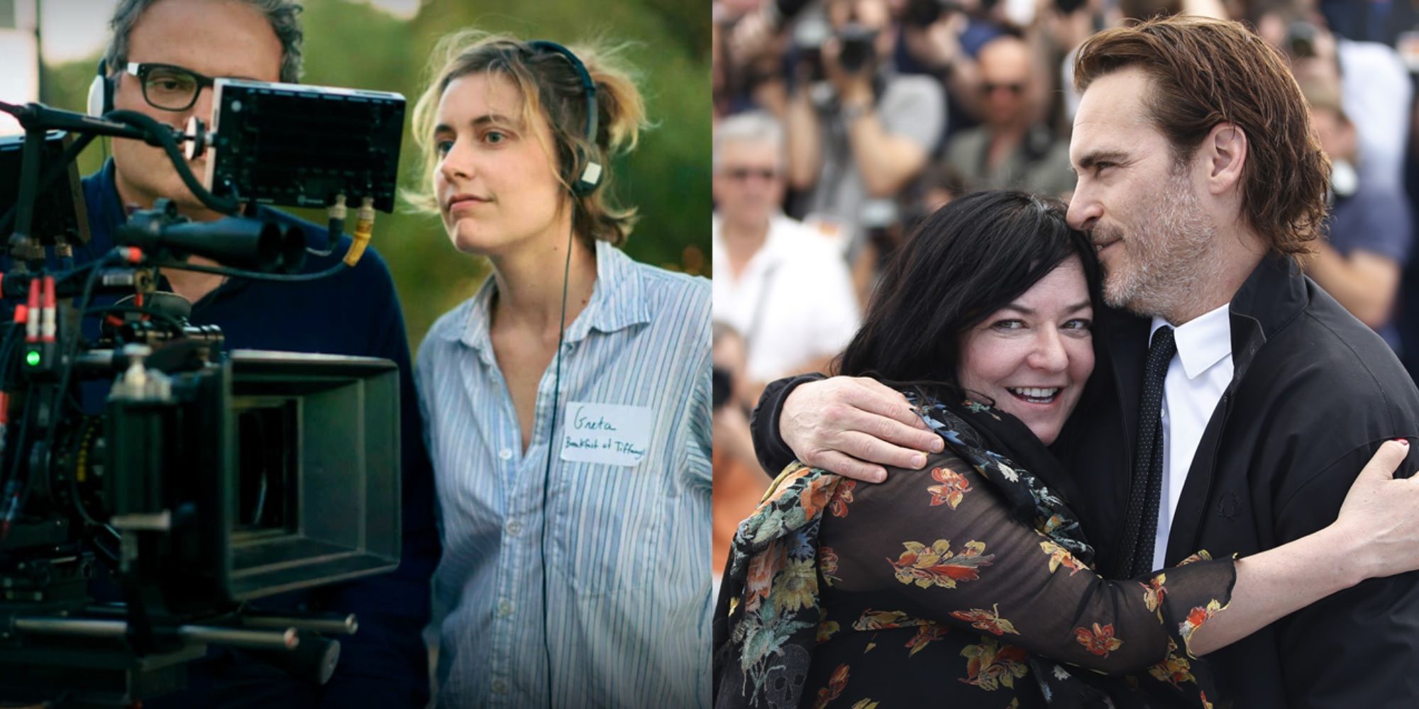 Split image of Greta Gerwig directing Lady Bird and Lynne Ramsay hugging Joaquin Phoenix