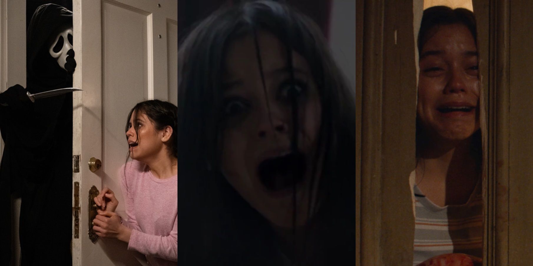 Split image of Jenna Ortega fighting off slasher villains in Scream, Studio 666, and X