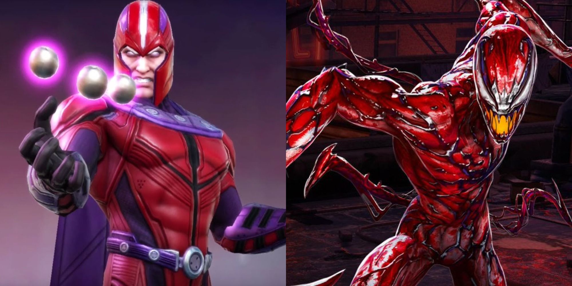 Split image of Magneto and Carnage in Marvel Strike Force