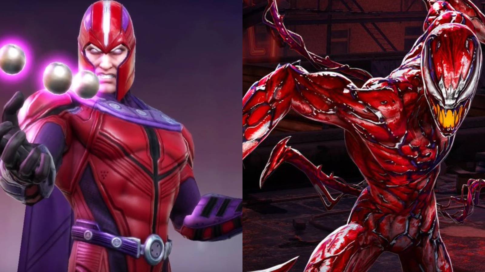 Split image of Magneto and Carnage in Marvel Strike Force