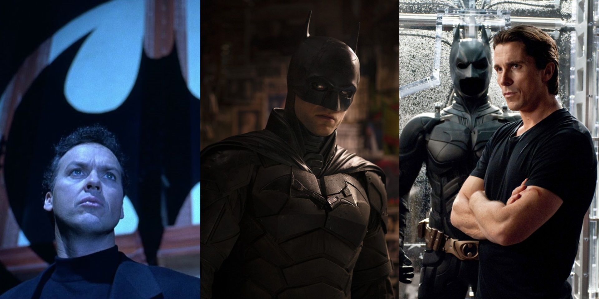 Split image of Michael Keaton in Batman Returns, Robert Pattinson in The Batman, and Christian Bale in The Dark Knight Rises