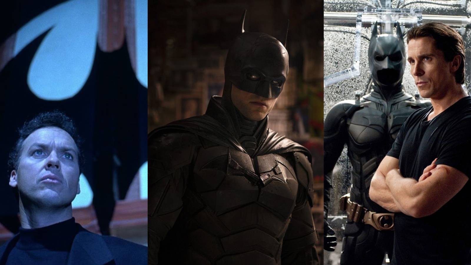 Split image of Michael Keaton in Batman Returns, Robert Pattinson in The Batman, and Christian Bale in The Dark Knight Rises