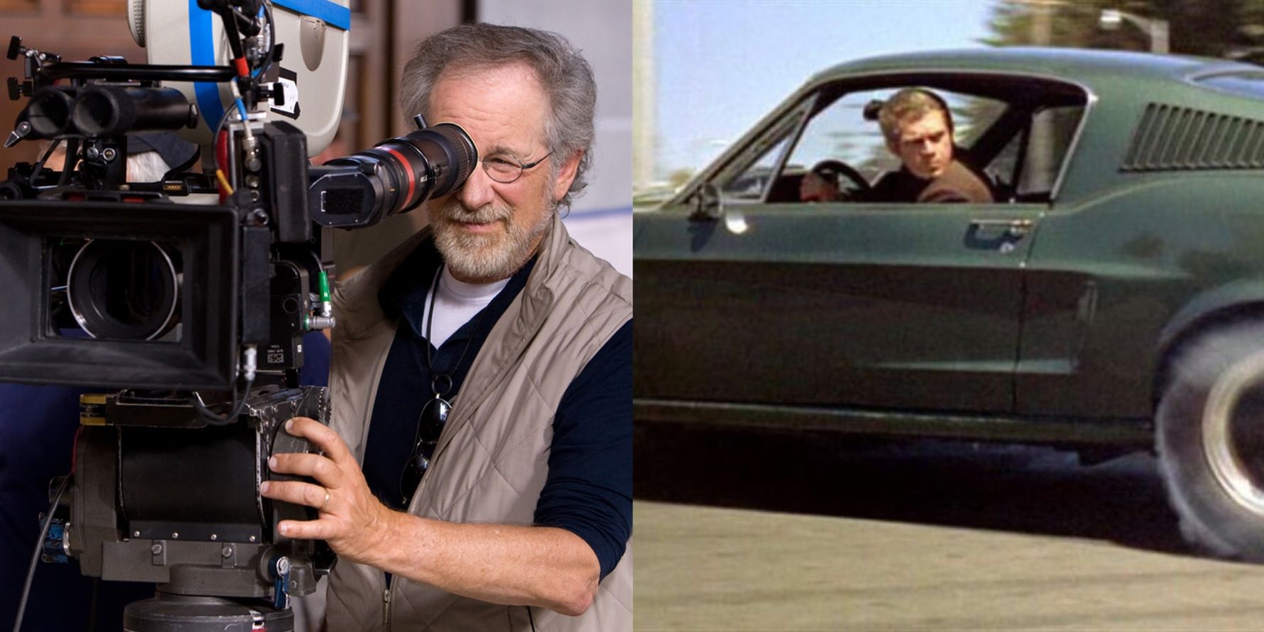 Split image of Steven Spielberg using a camera and Steve McQueen driving a car in Bullitt