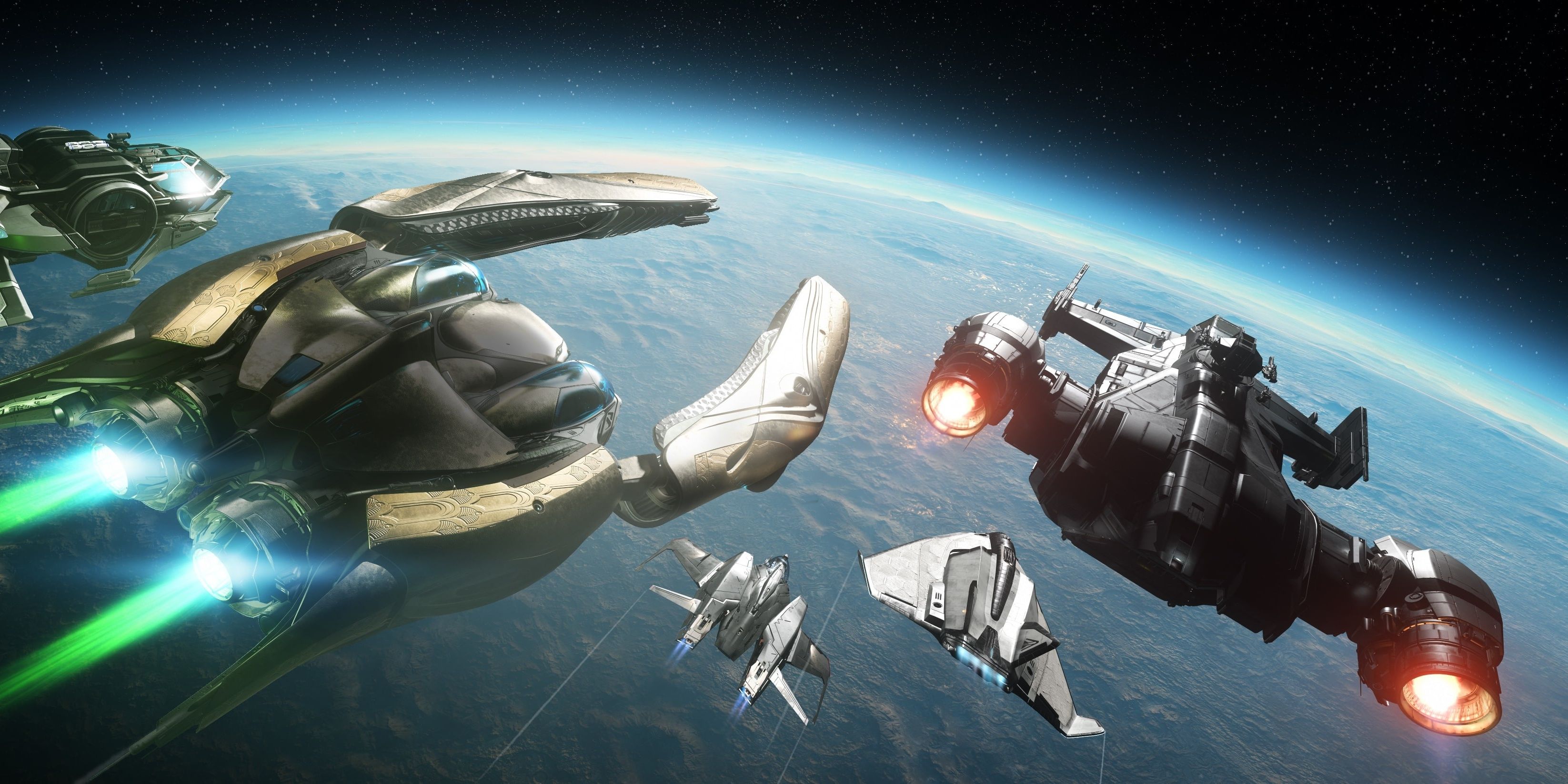 A squadron of ships flies through space over a planet in Star Citizen.