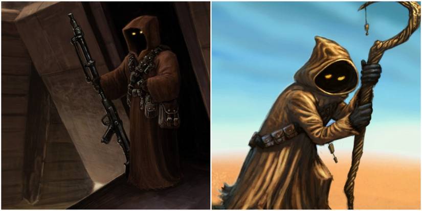 Split image of Star Wars Jawa Leader and sickle wielding Shaman