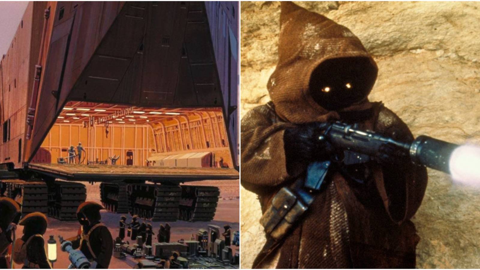 Split image of Jawa festival with Sandcrawler and Jawa shooting