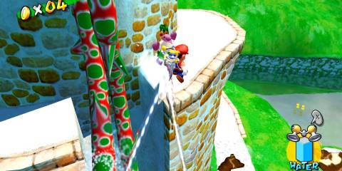 Mario hovering through Bianco Hills in Super Mario Sunshine