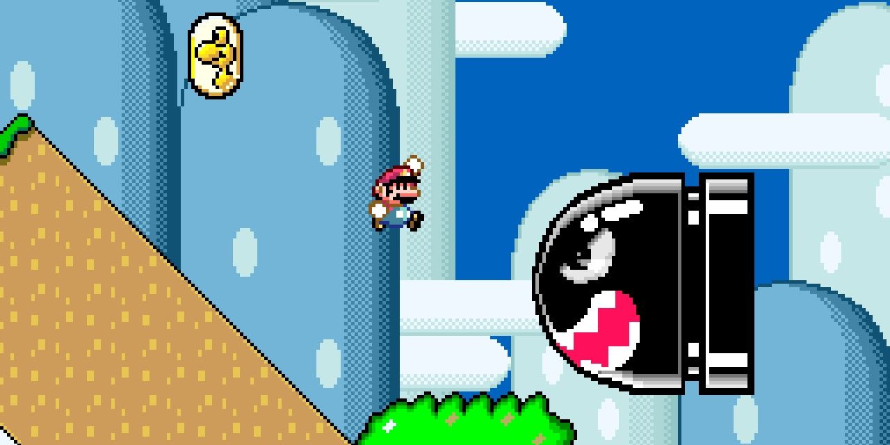 Mario jumping towards bullet bill