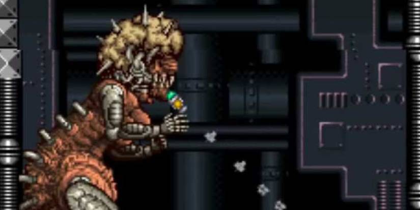 A missile being fired at Mother Brain's second form in Super Metroid