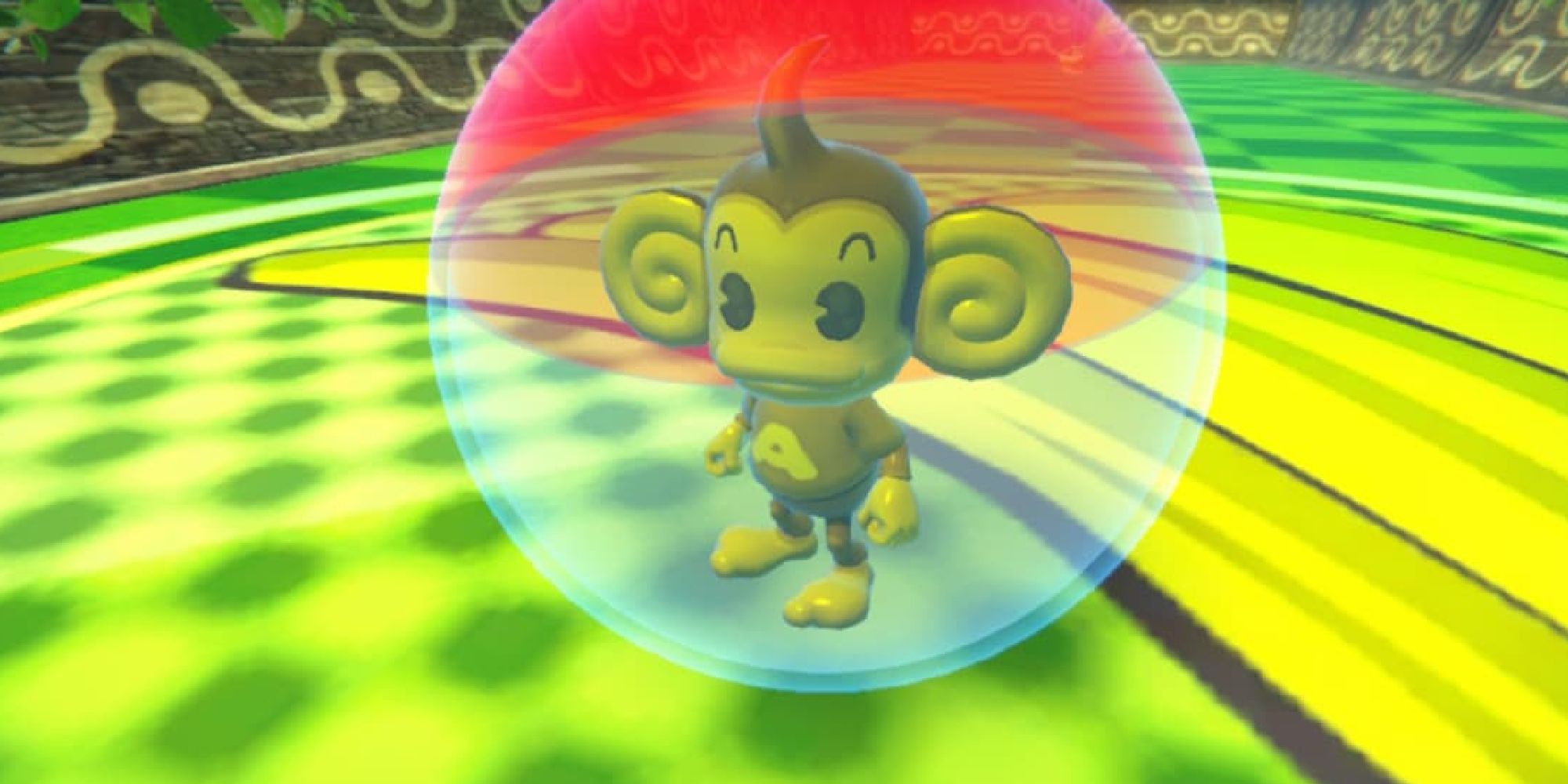 AiAi in a red and blue ball in Super Monkey Ball Banana Mania