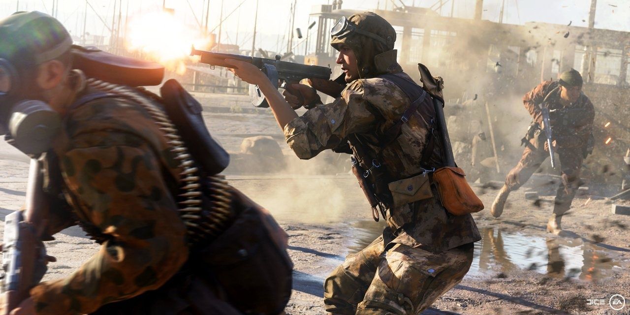 A machine gunner opens fire alongside allies in gas masks in Rotterdam, from Battlefield 5