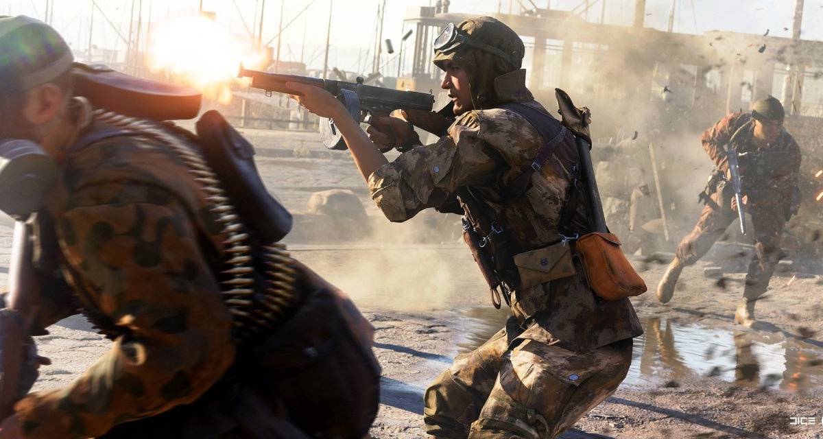 A machine gunner opens fire alongside allies in gas masks in Rotterdam, from Battlefield 5