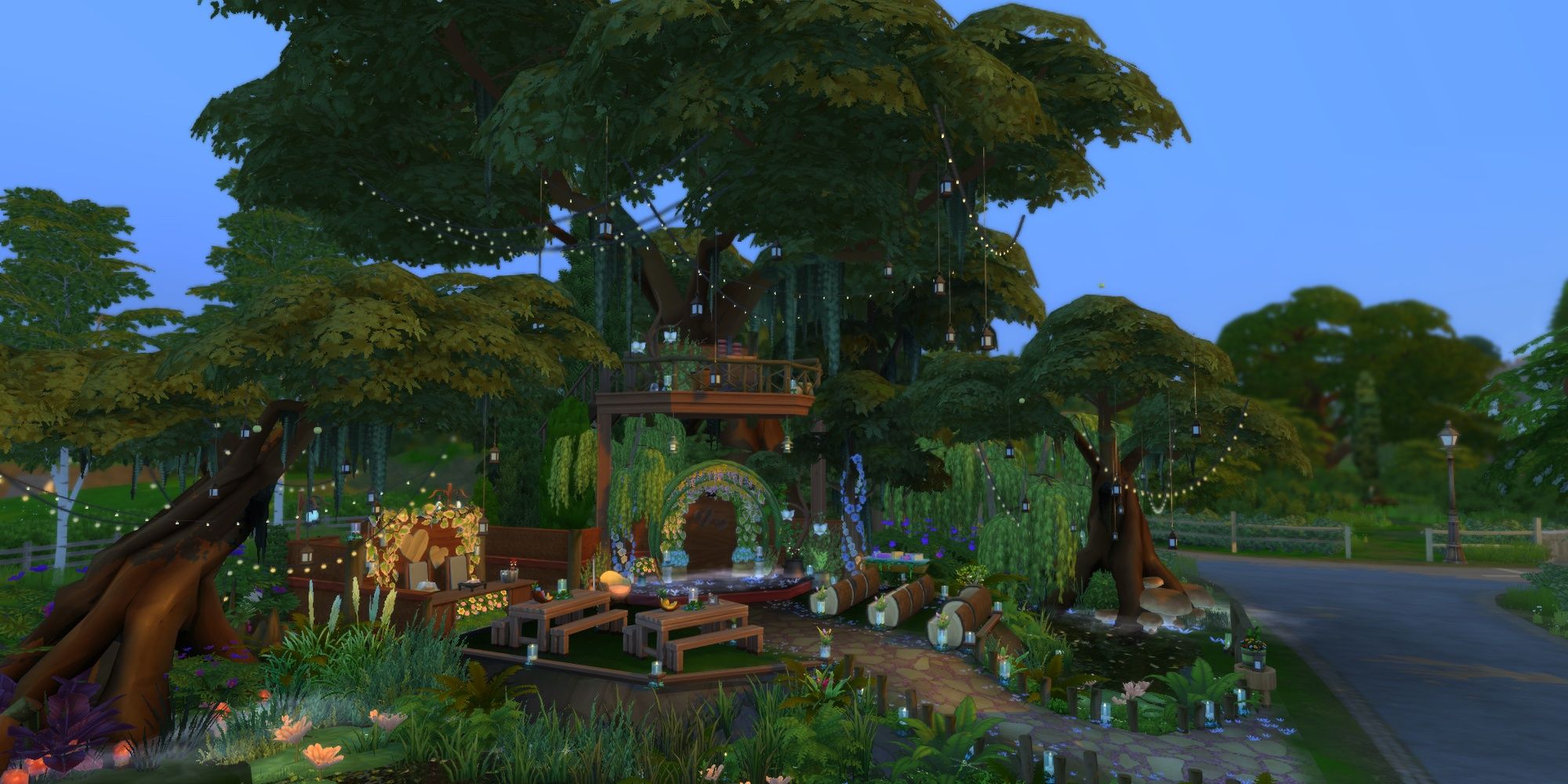 A wedding venue from The Sims 4 full of densely packed trees and plants.