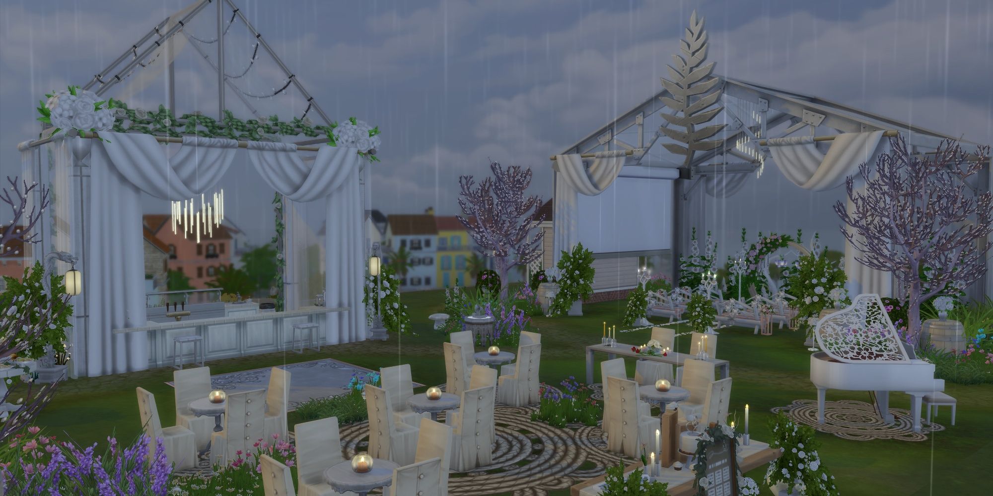An outdoor wedding in Tartosa in The Sims 4 featuring an all white color scheme.