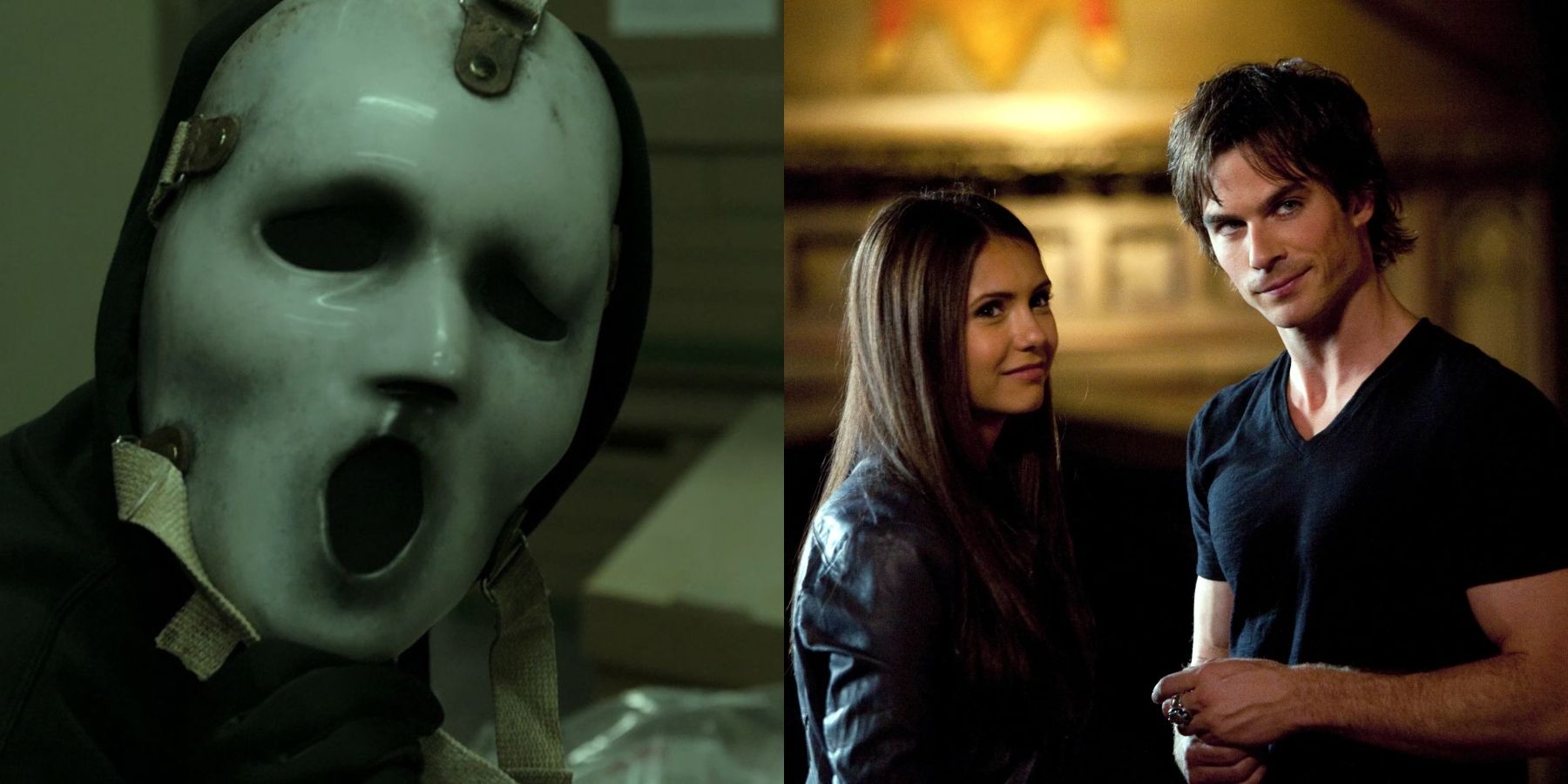 Split image of Ghostface in MTV Scream show and Elena and Damon in The Vampire Diaries