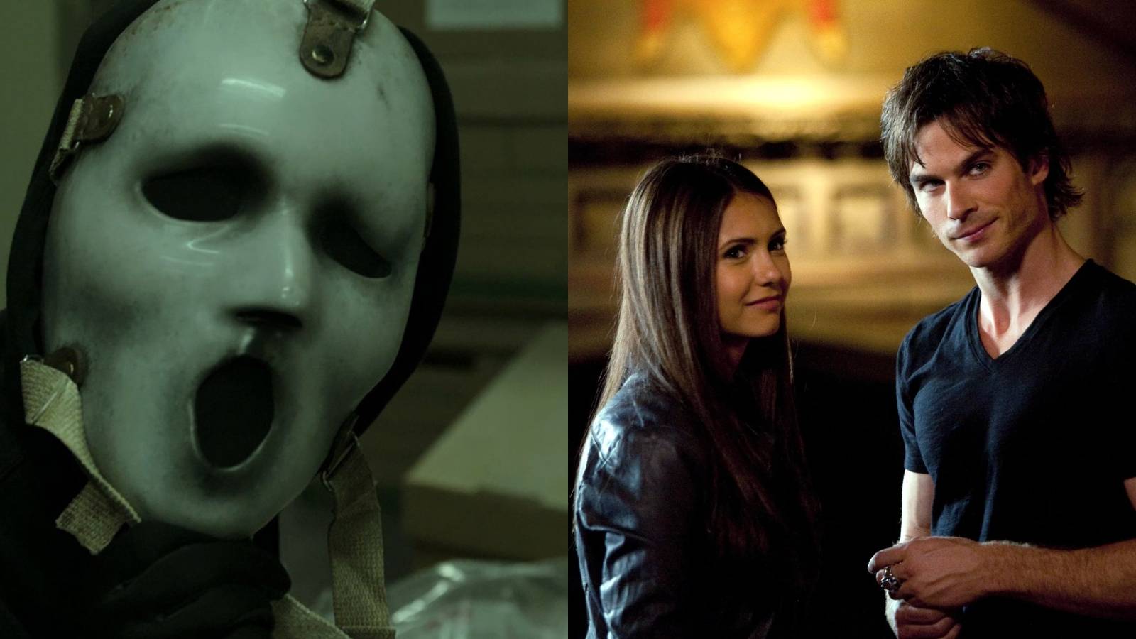 Split image of Ghostface in MTV Scream show and Elena and Damon in The Vampire Diaries