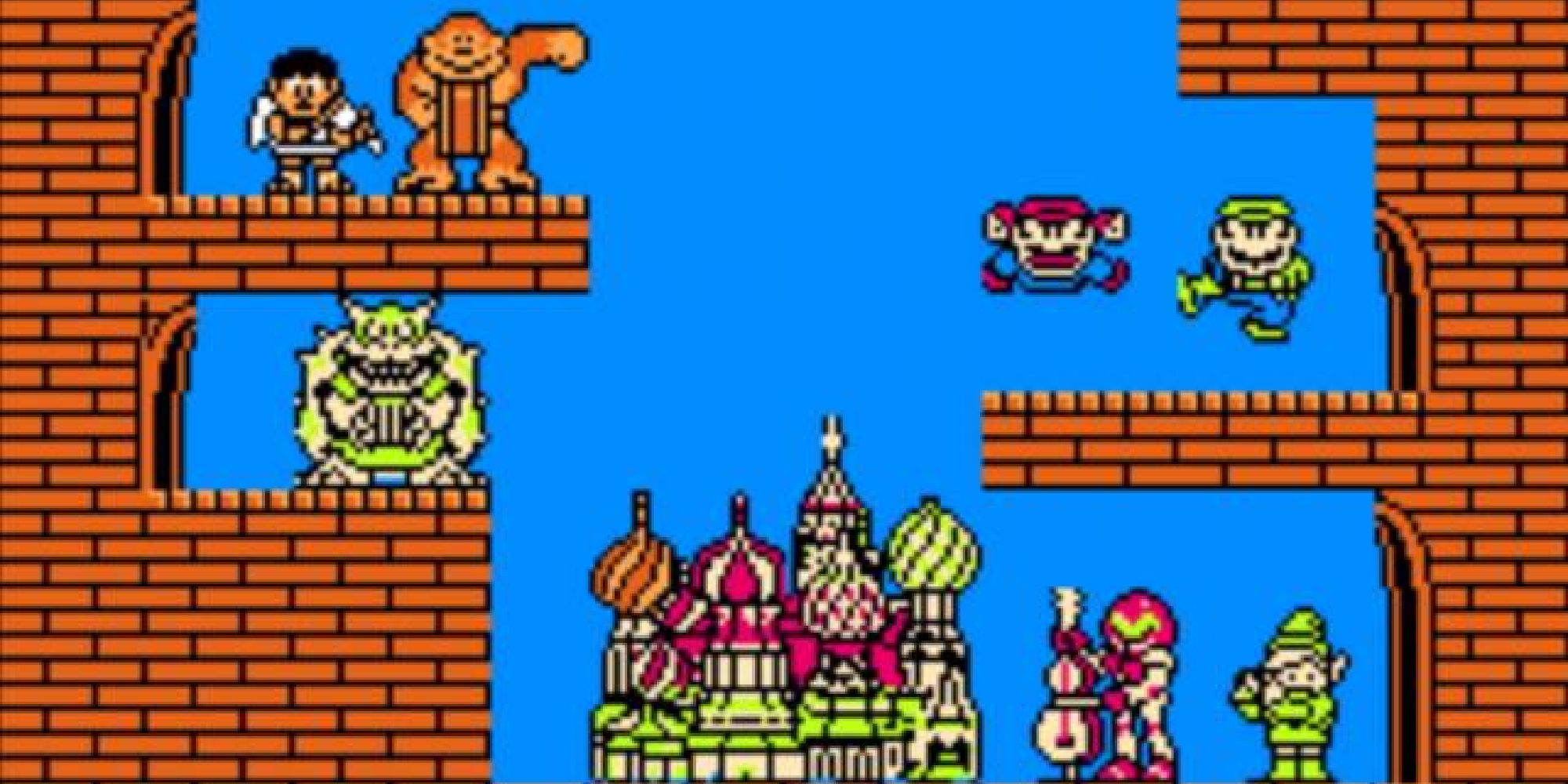 Mario and other Nintendo characters appearing at the end screen of Tetris for NES