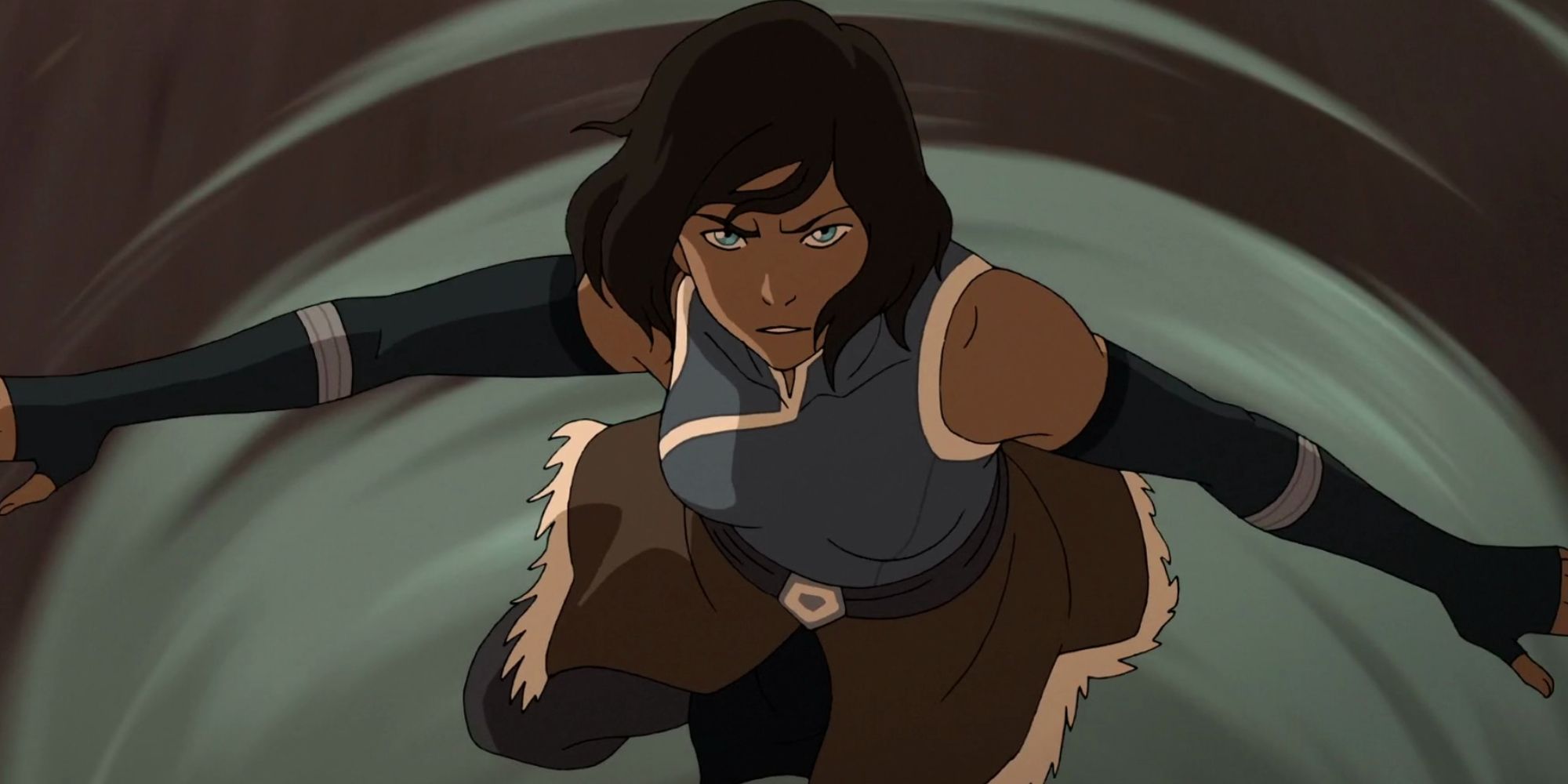 Korra performing a spinning attack that swirls the air around her