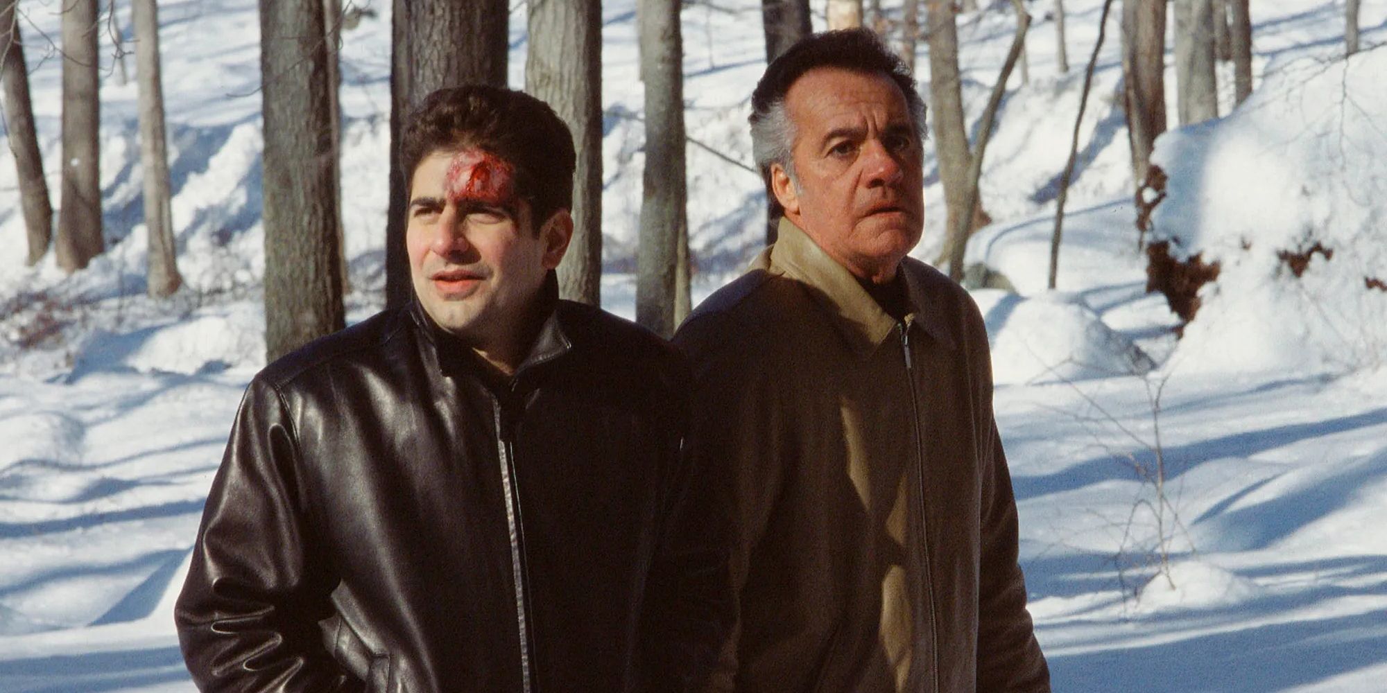 Paulie and Chris standing in the snowy Pine Barrens