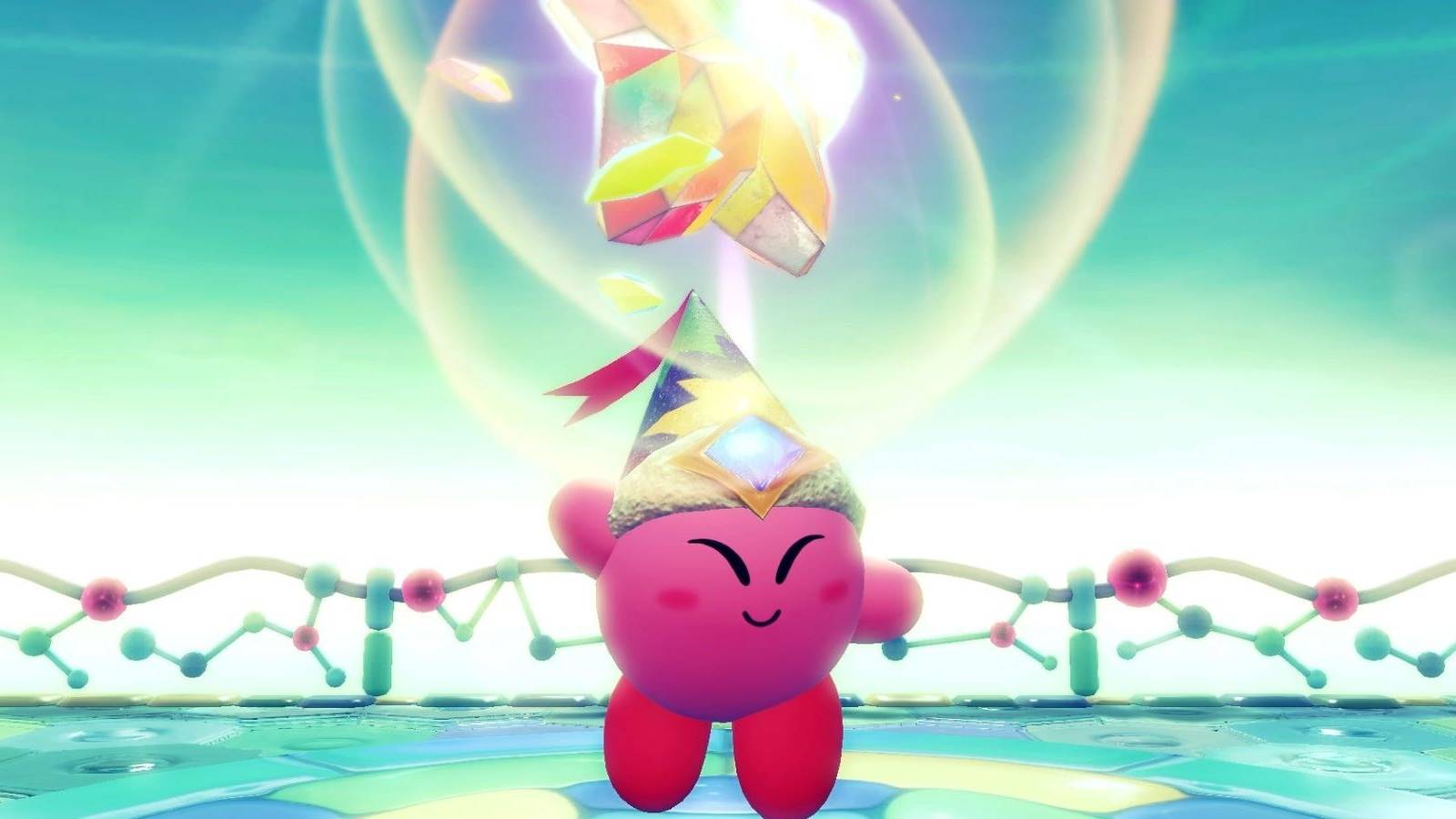 Bomb Kirby getting a Rare Stone at the end of a Treasure Road in Kirby and the Forgotten Land