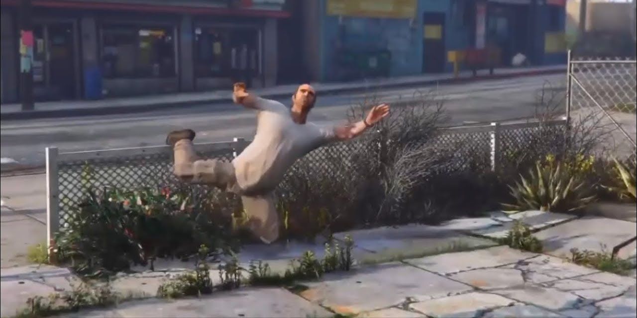 Trevor trips over a fence in Grand Theft Auto 5