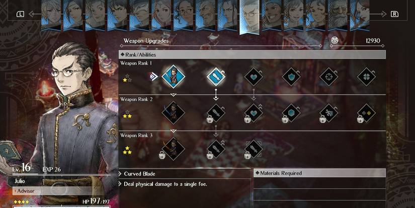 Triangle Strategy Julio Weapon Upgrades