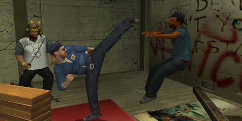 A police officer kicks a gang member in True Crimes: Streets of LA