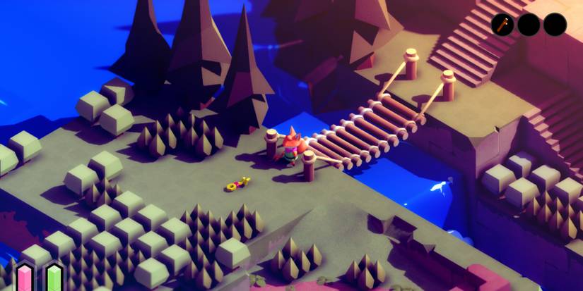 wide shot of a red fox standing at the end of a log bridge and in front of a golden key lying on the ground