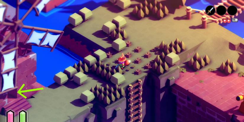 tunic standing in a cleared-out area of vegetation with a ladder leading down to one side and a wooden bridge behind him. a green arrow points to the doorway of an old windmill straight ahead of where Tunic is facing