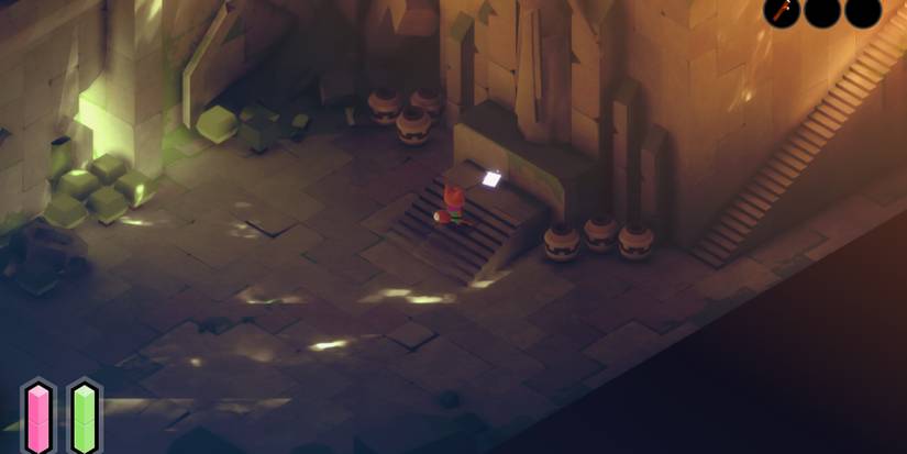 a red fox in a green tunic approaches a glowing, white card inside a crumbling, stone chamber with clay pots all around